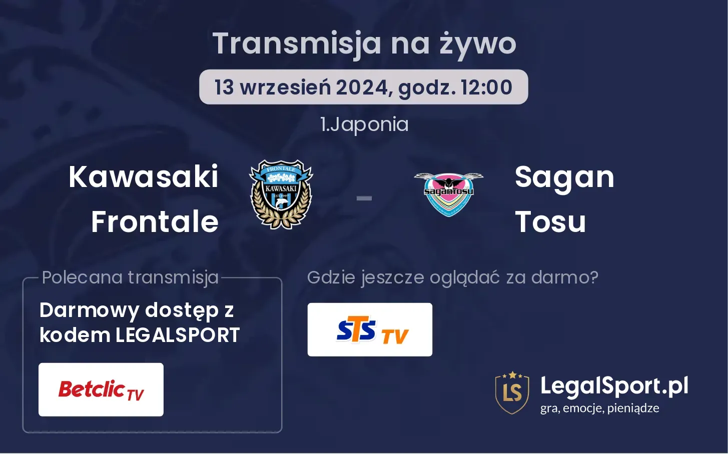 Kawasaki Frontale - Sagan Tosu gdzie oglądać? 13.09, godz. 12:00