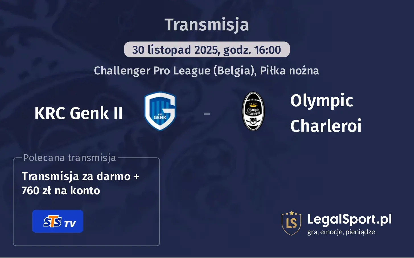 KRC Genk II - Olympic Charleroi Transmisje