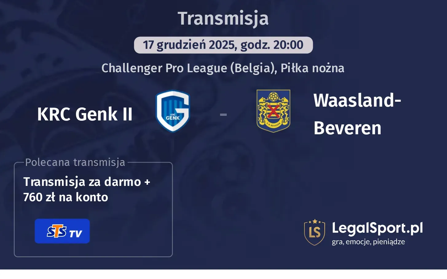 KRC Genk II - Waasland-Beveren Transmisje