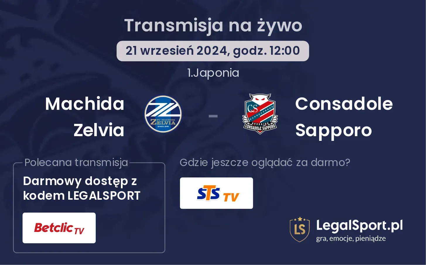 Machida Zelvia - Consadole Sapporo gdzie oglądać? 21.09, godz. 12:00