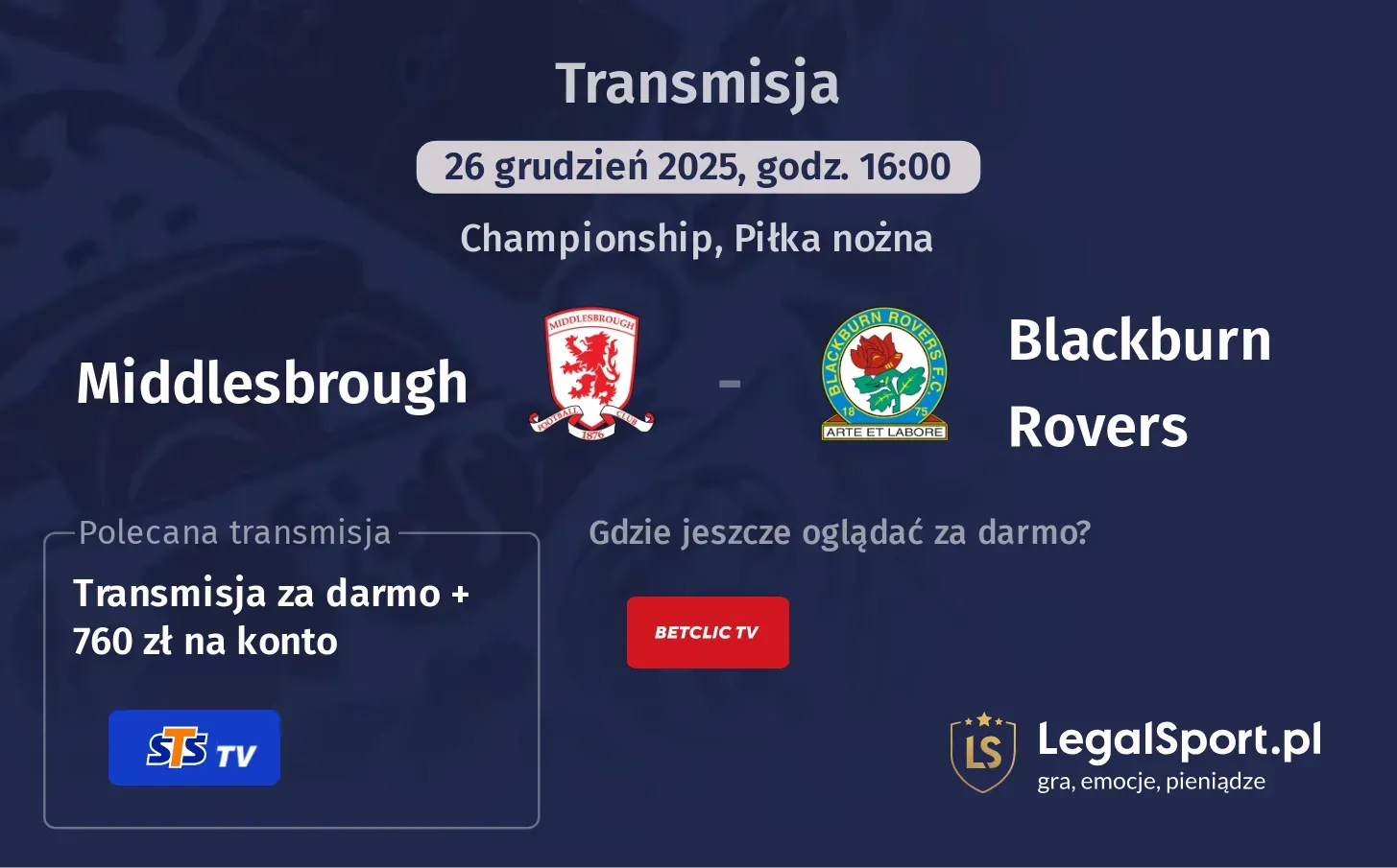 Middlesbrough - Blackburn Rovers Transmisje