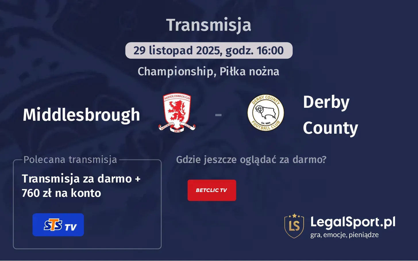 Middlesbrough - Derby County Transmisje