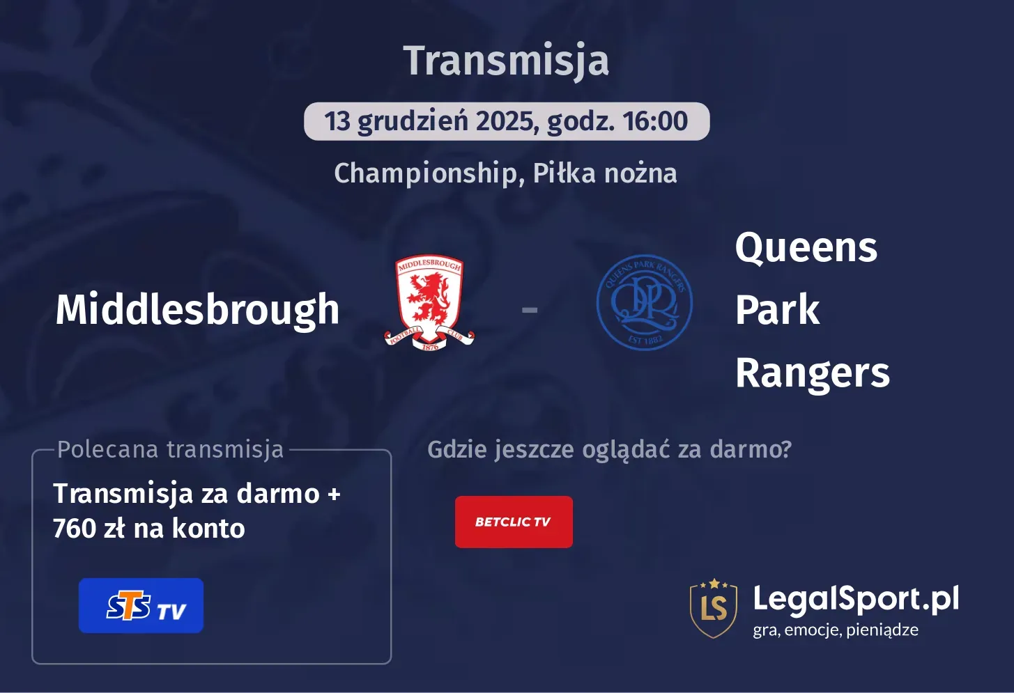 Middlesbrough - Queens Park Rangers Transmisje