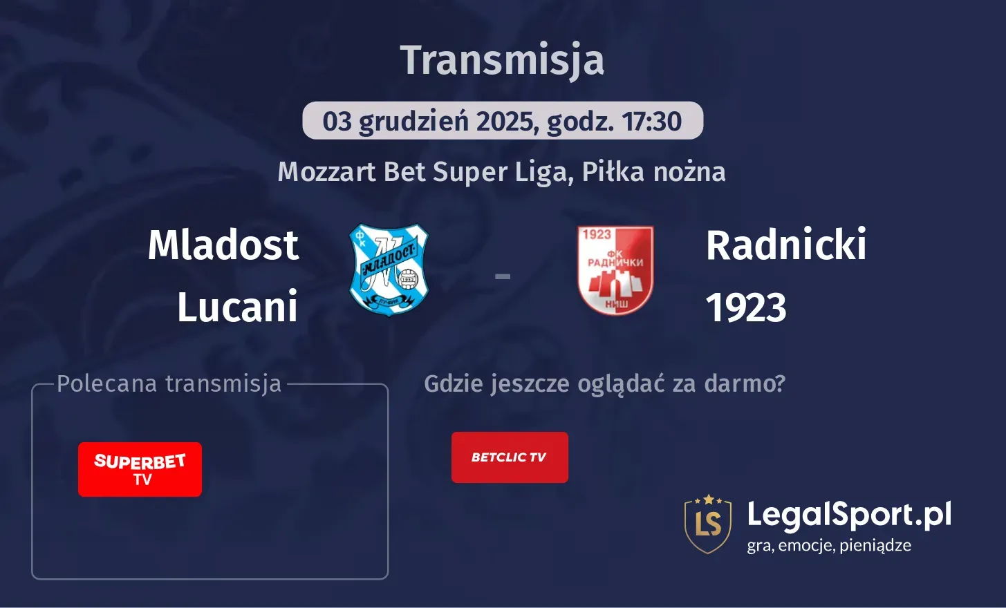 Mladost Lucani - Radnicki 1923 Transmisje