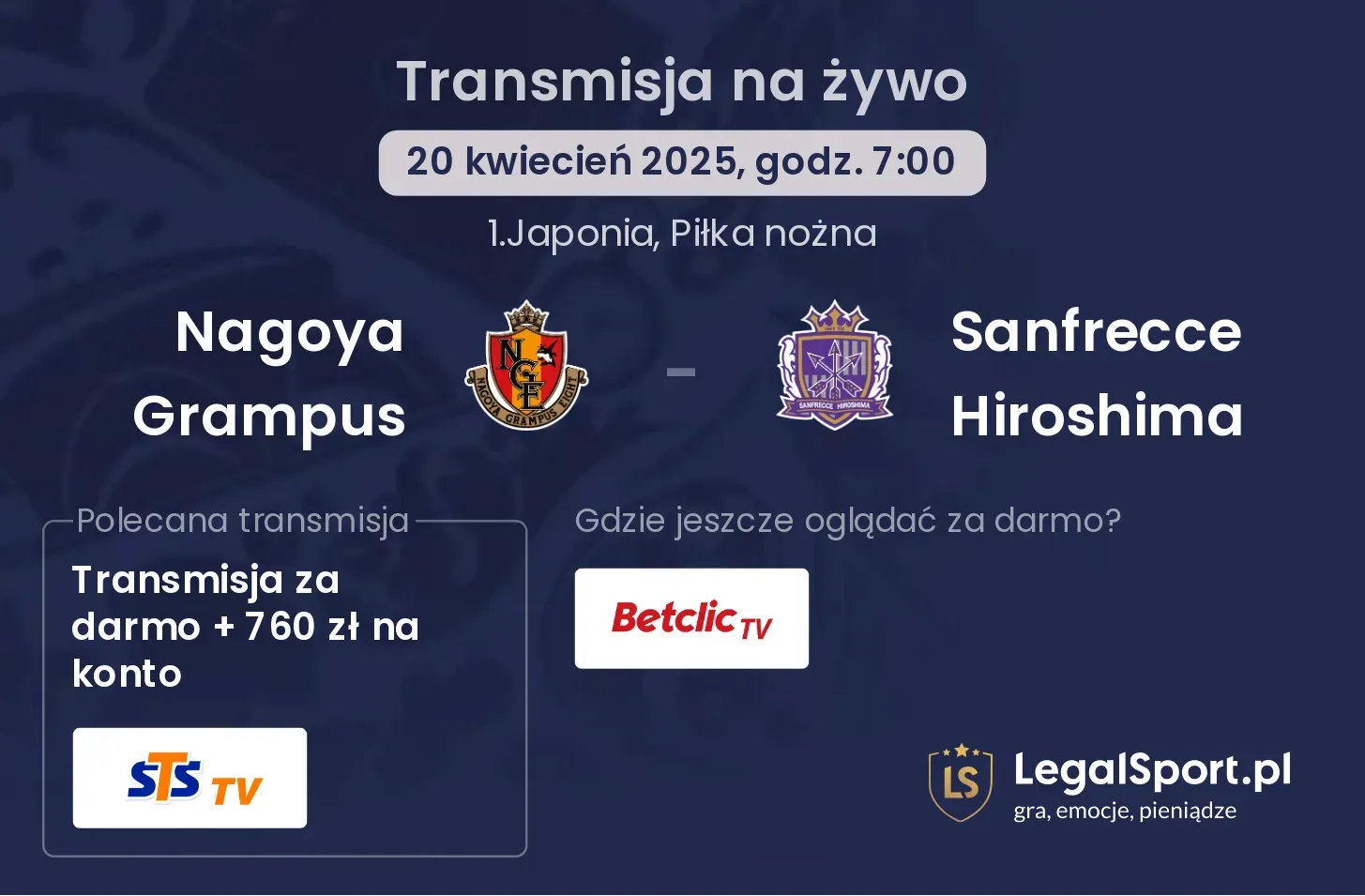 Nagoya Grampus - Sanfrecce Hiroshima gdzie oglądać?
