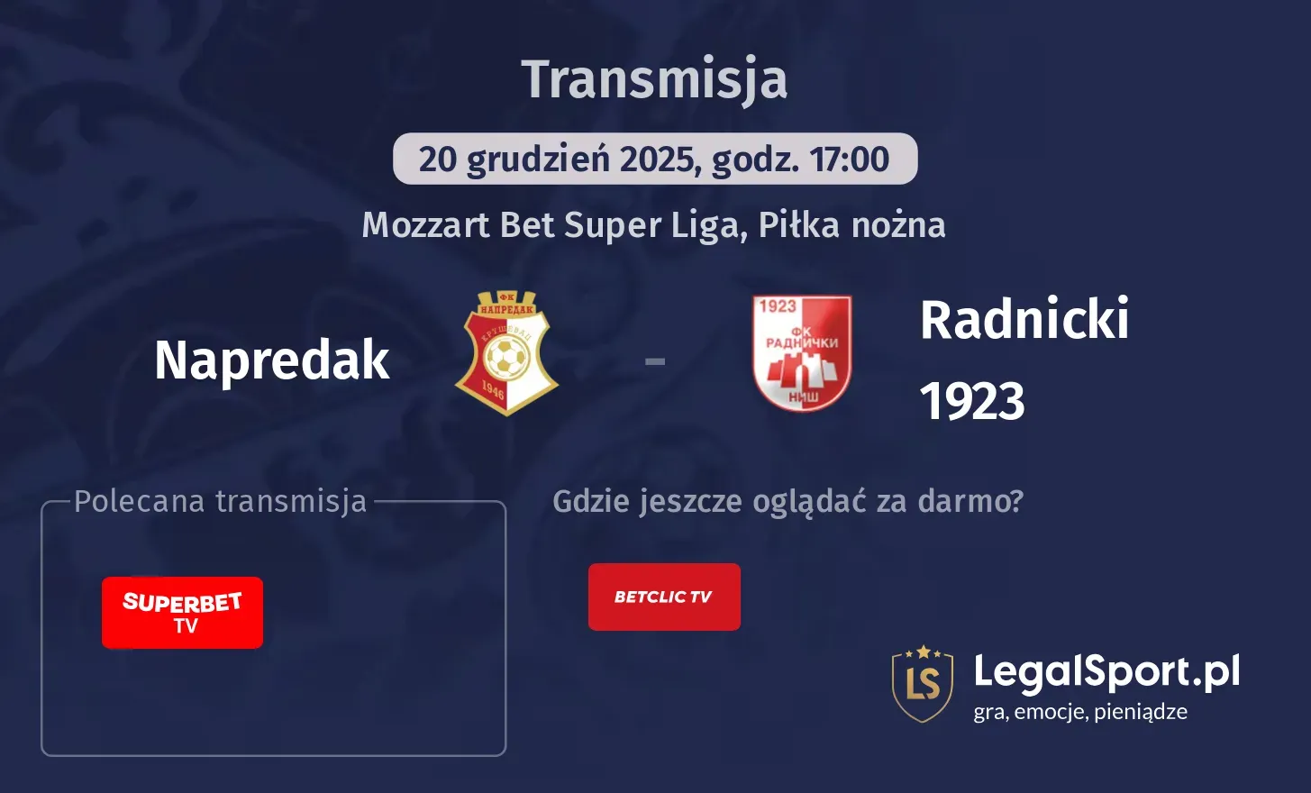 Napredak - Radnicki 1923 Transmisje