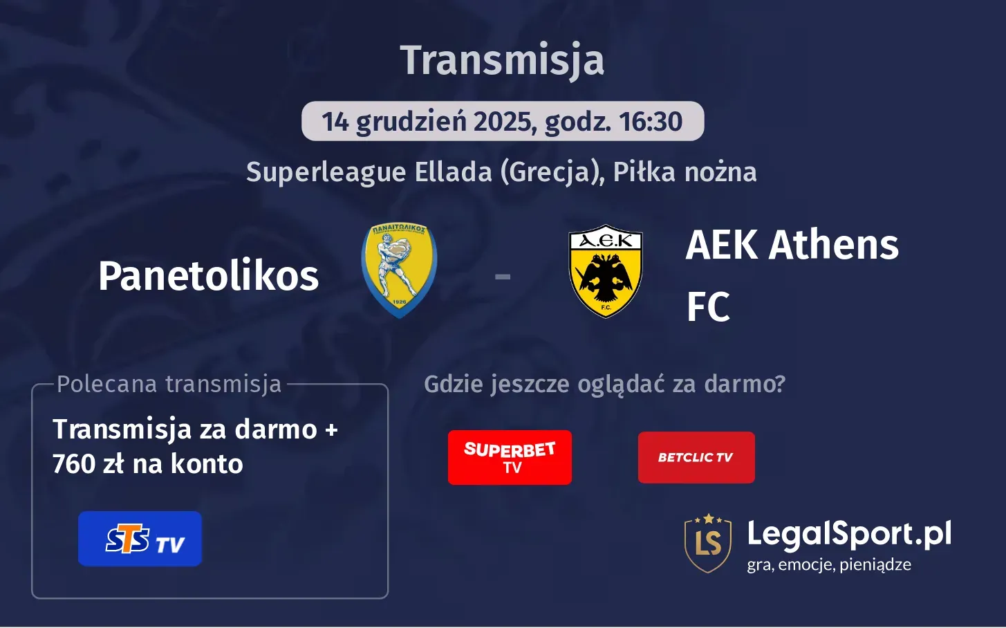 Panetolikos - AEK Athens FC Transmisje