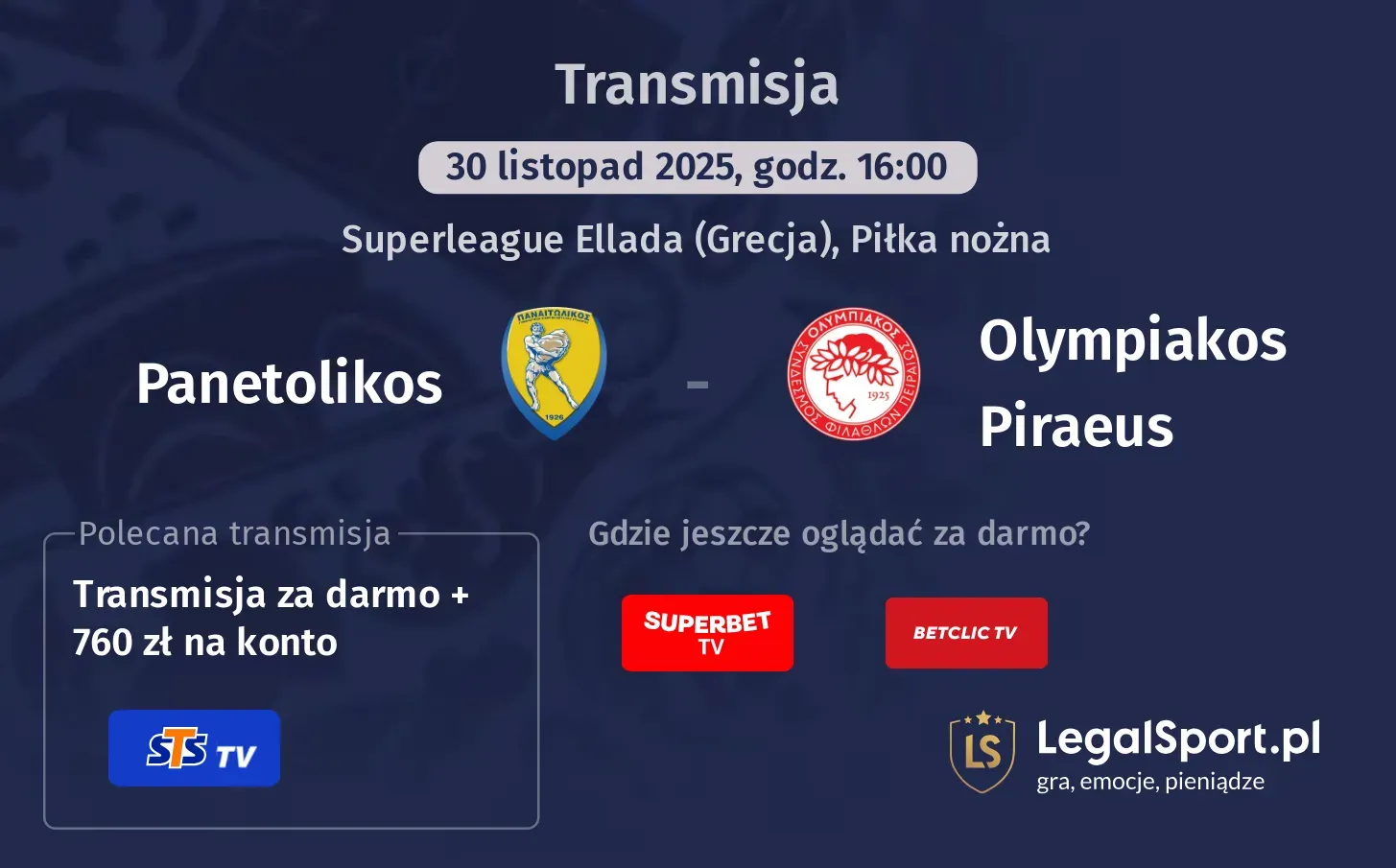 Panetolikos - Olympiakos Piraeus Transmisje