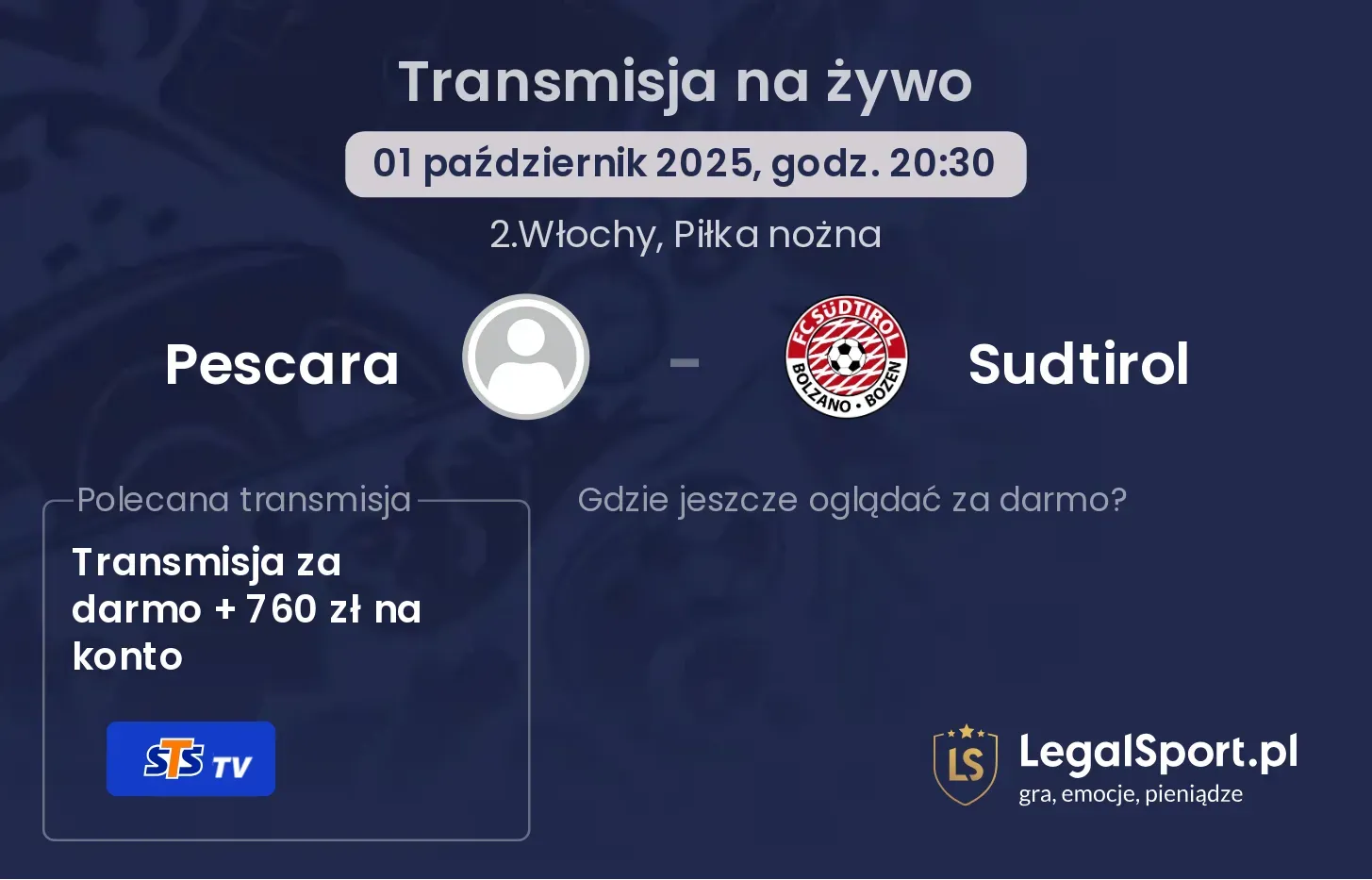 Pescara - Sudtirol gdzie oglądać?