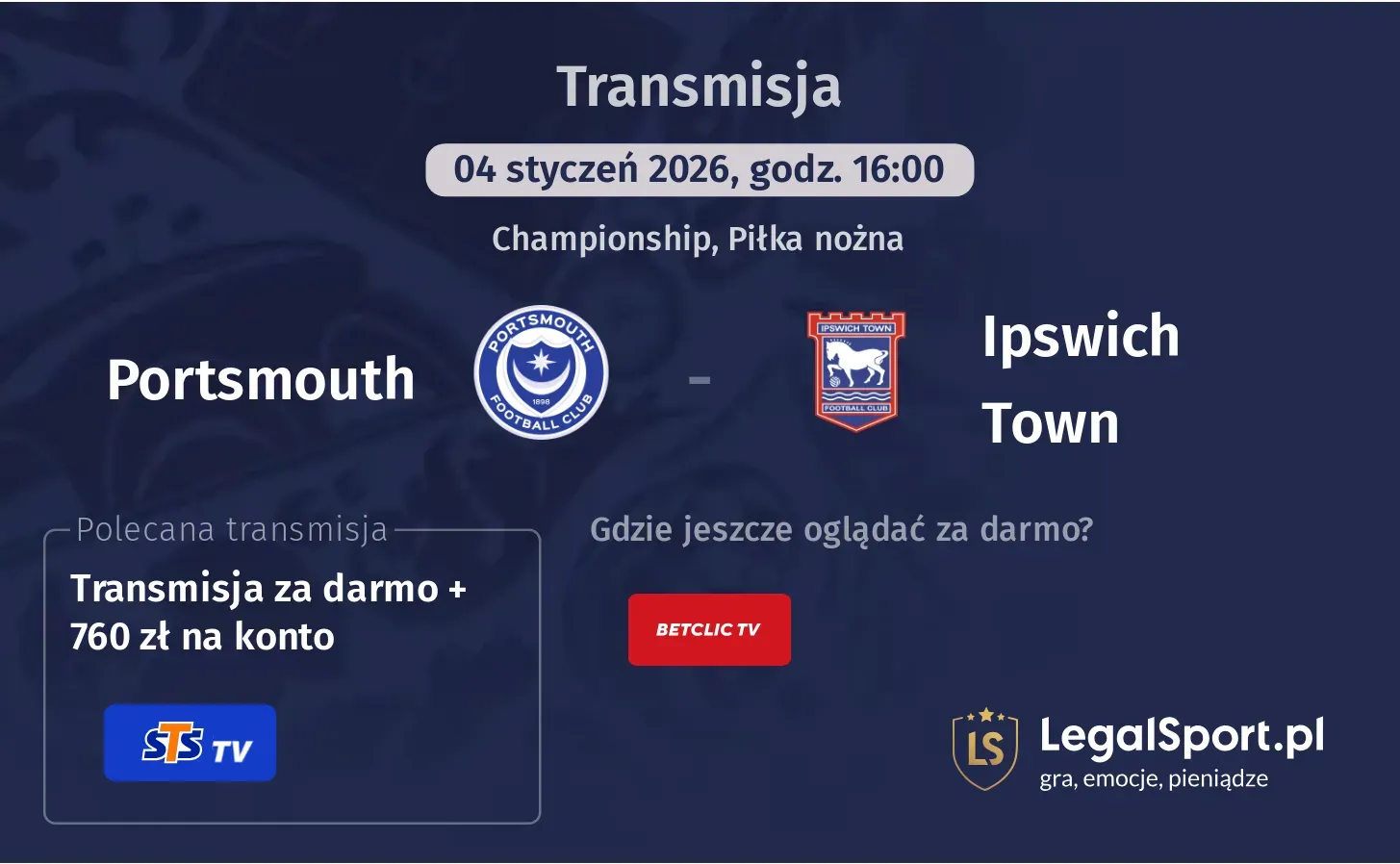 Portsmouth - Ipswich Town Transmisje