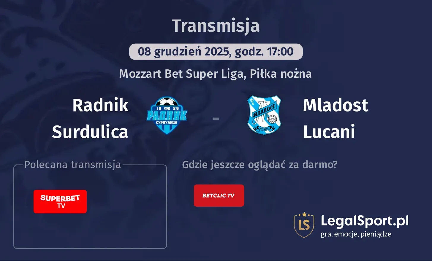 Radnik Surdulica - Mladost Lucani Transmisje
