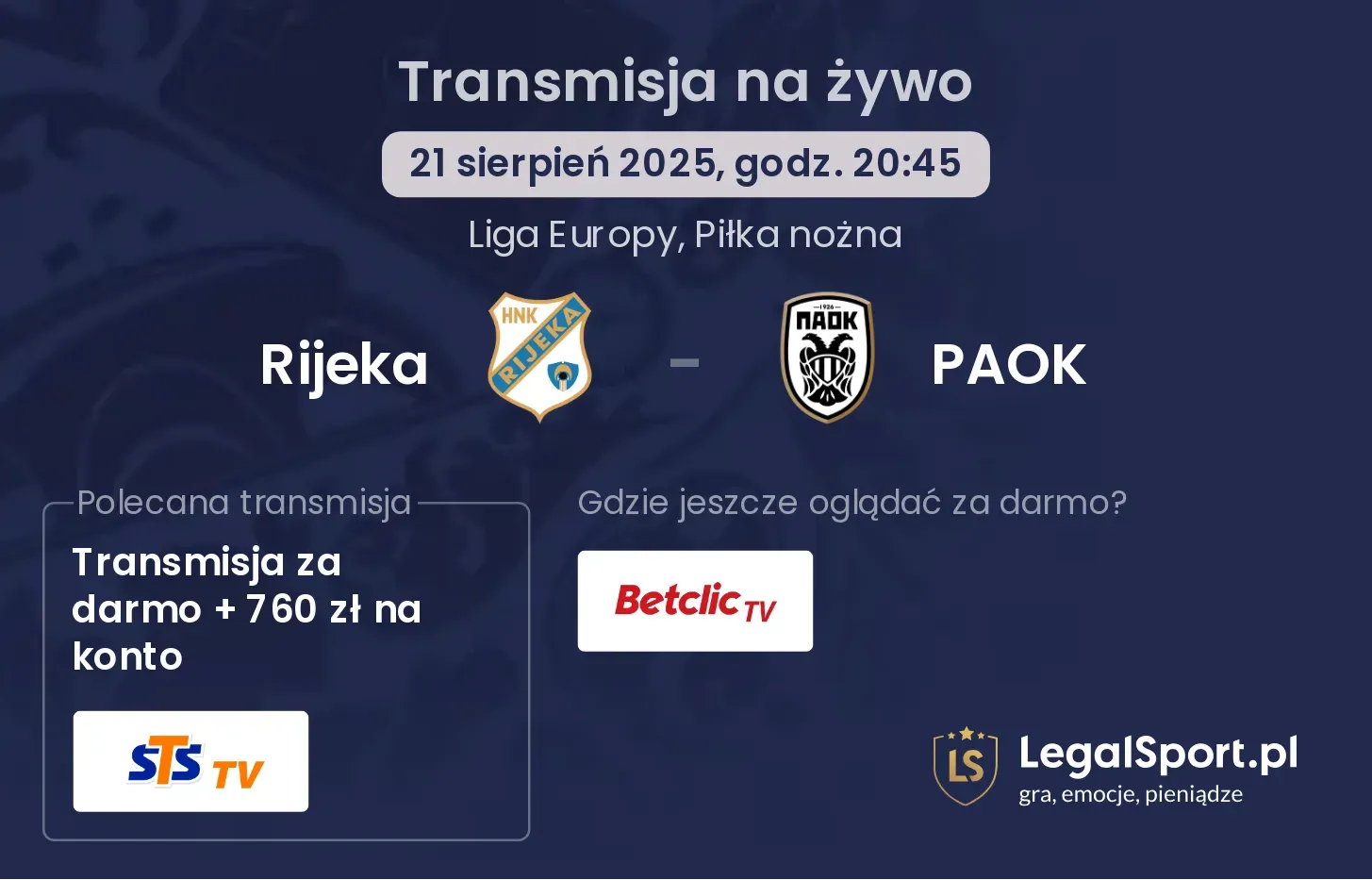 Rijeka - PAOK transmisja na żywo