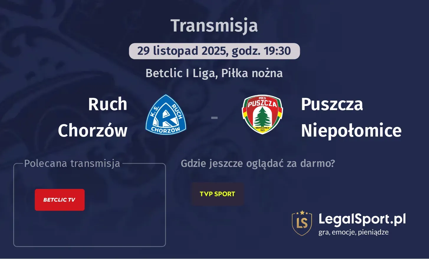 Ruch Chorzów - Puszcza Niepołomice Transmisje