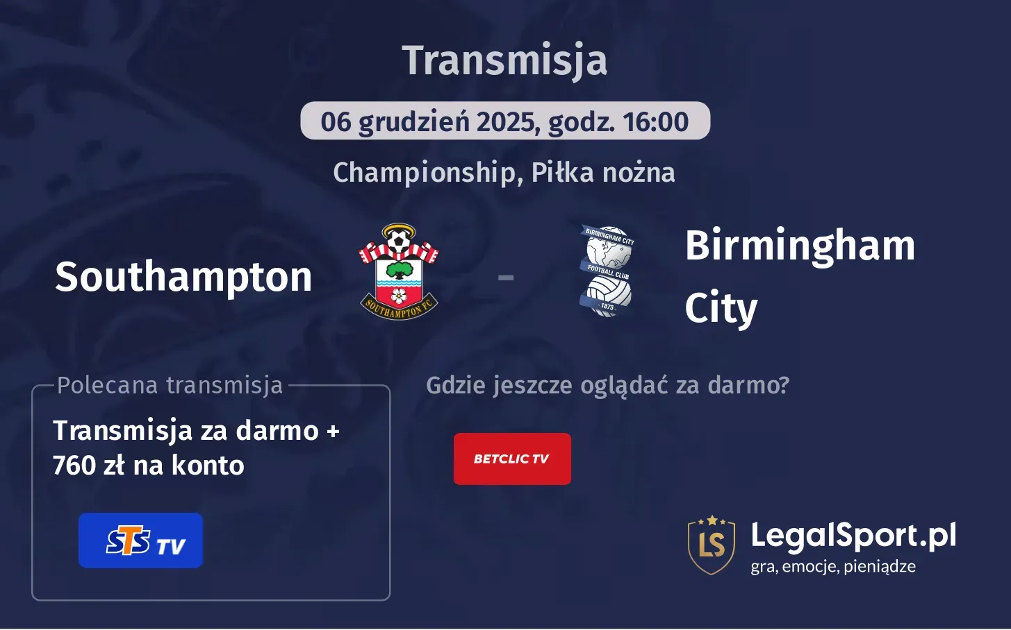 Southampton - Birmingham City Transmisje