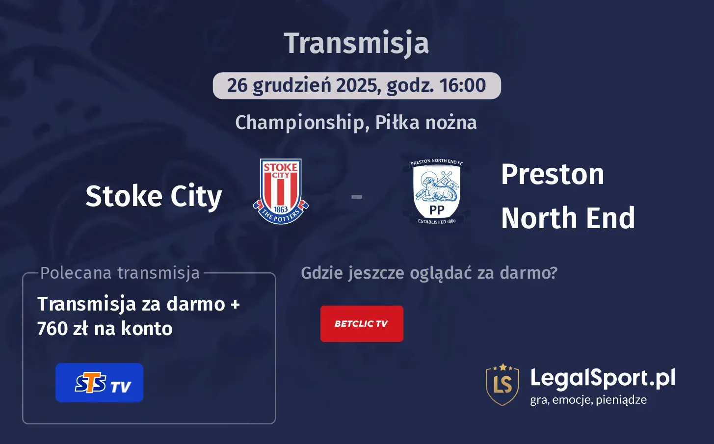 Stoke City - Preston North End Transmisje