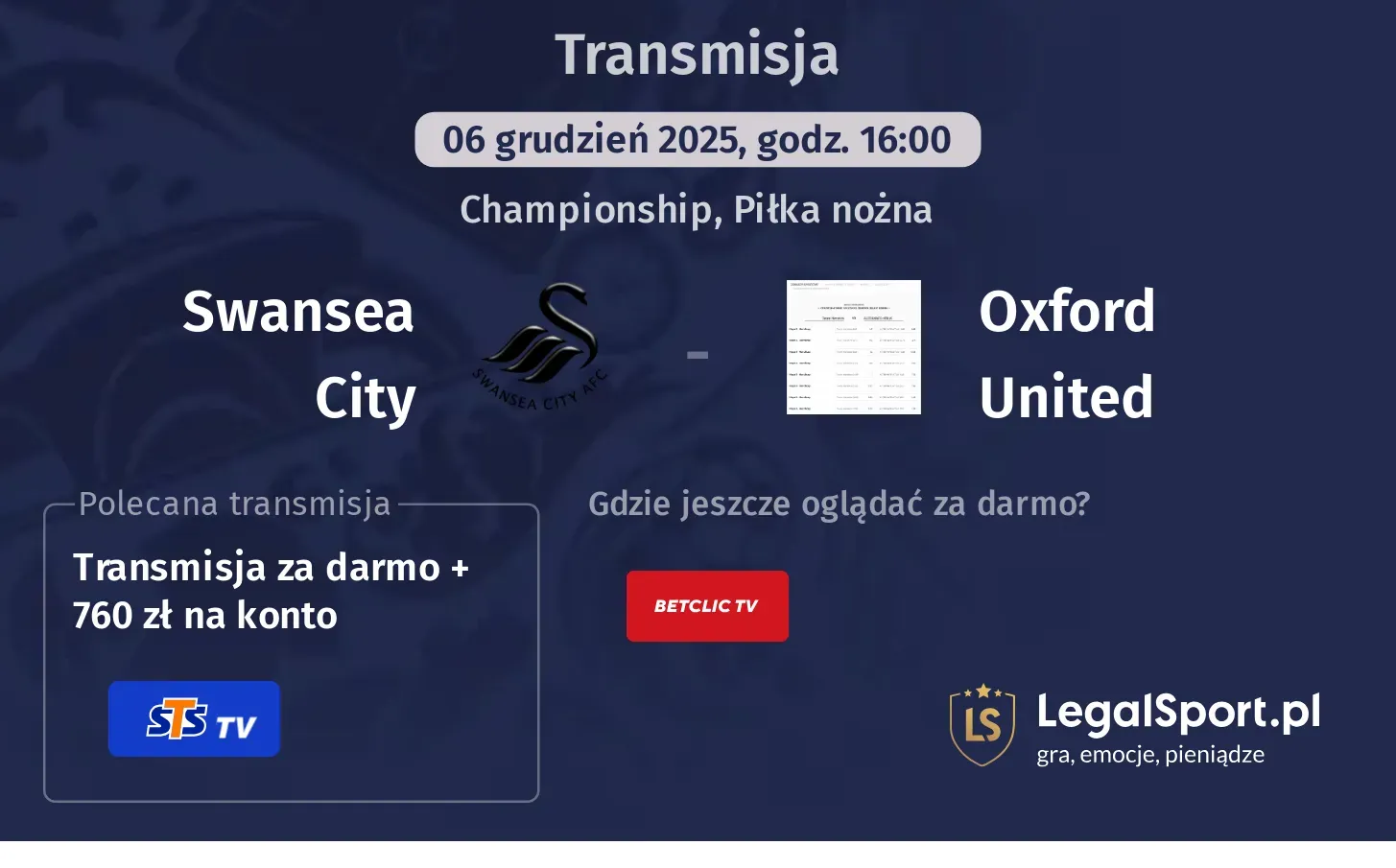 Swansea City - Oxford United Transmisje
