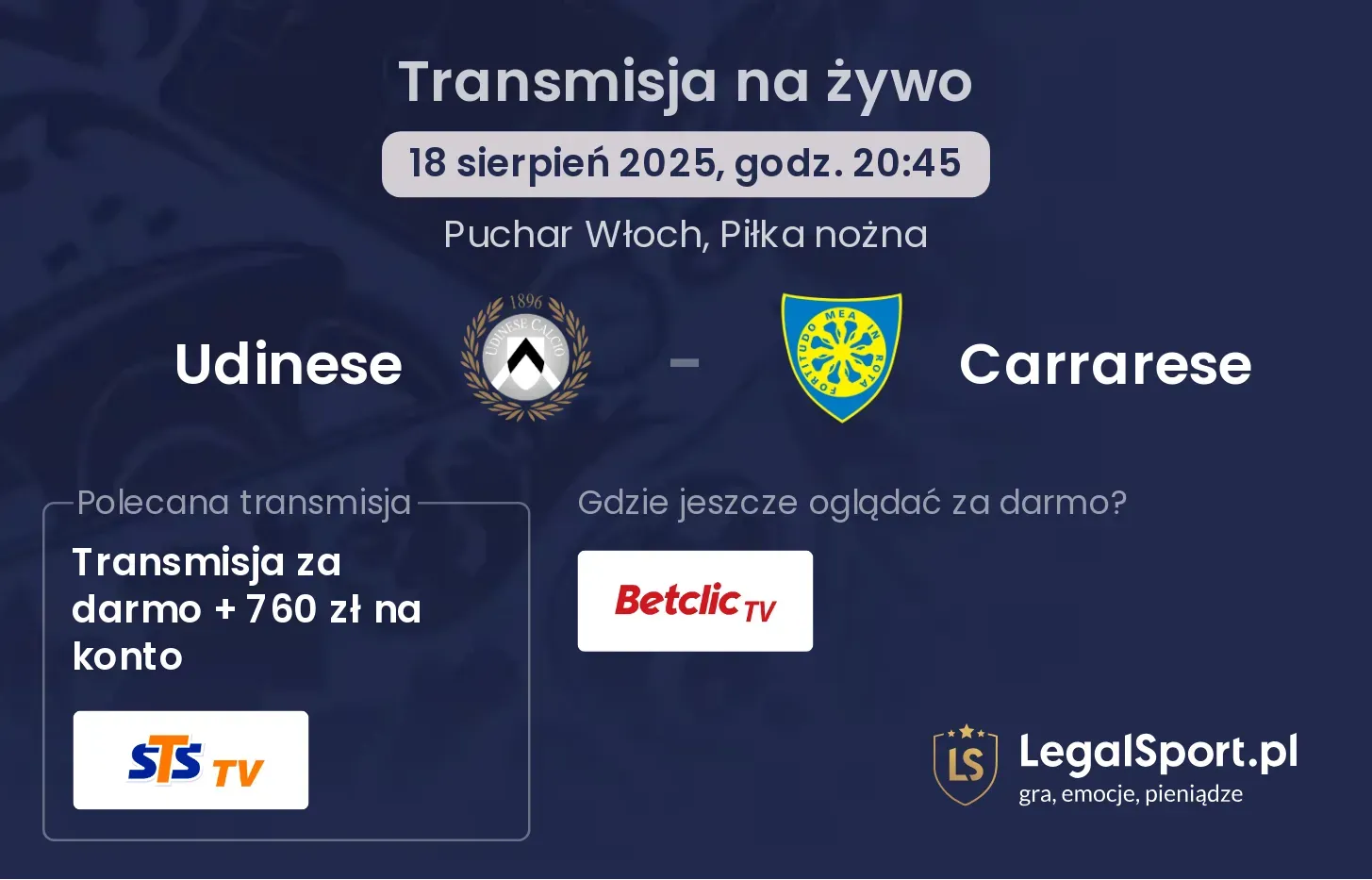Udinese - Carrarese gdzie oglądać?