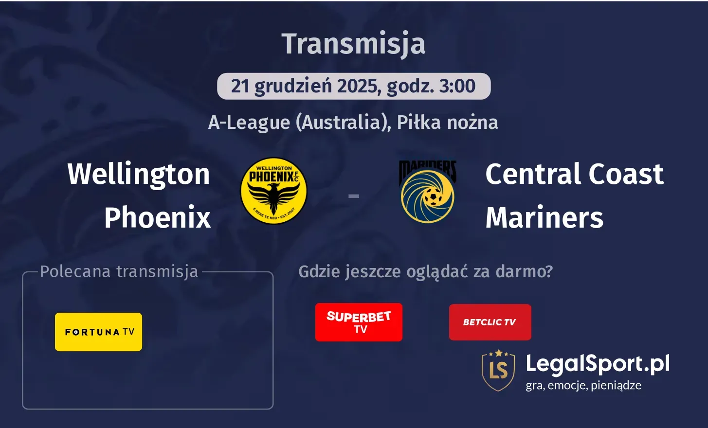 Wellington Phoenix - Central Coast Mariners Transmisje