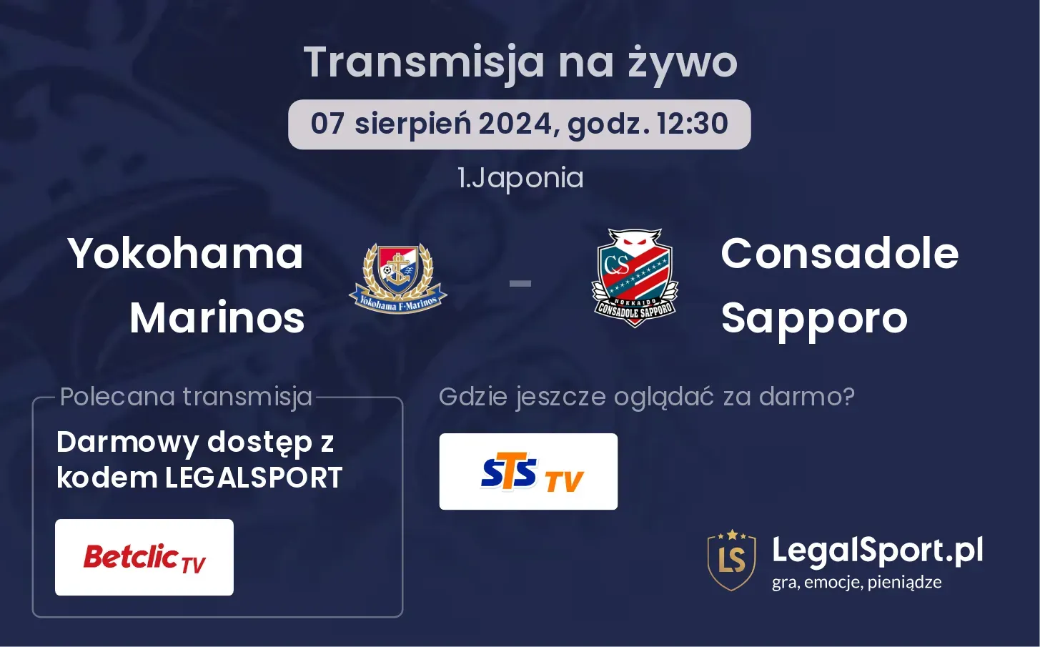Yokohama Marinos - Consadole Sapporo gdzie oglądać za darmo? (07.08, godz. 12:30)