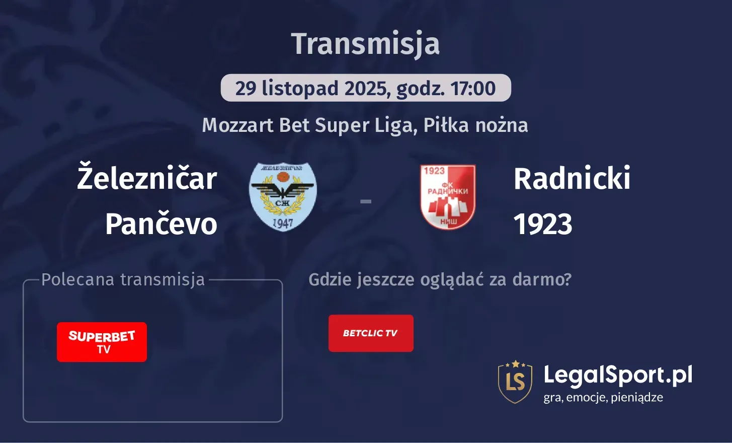 Železničar Pančevo - Radnicki 1923 Transmisje
