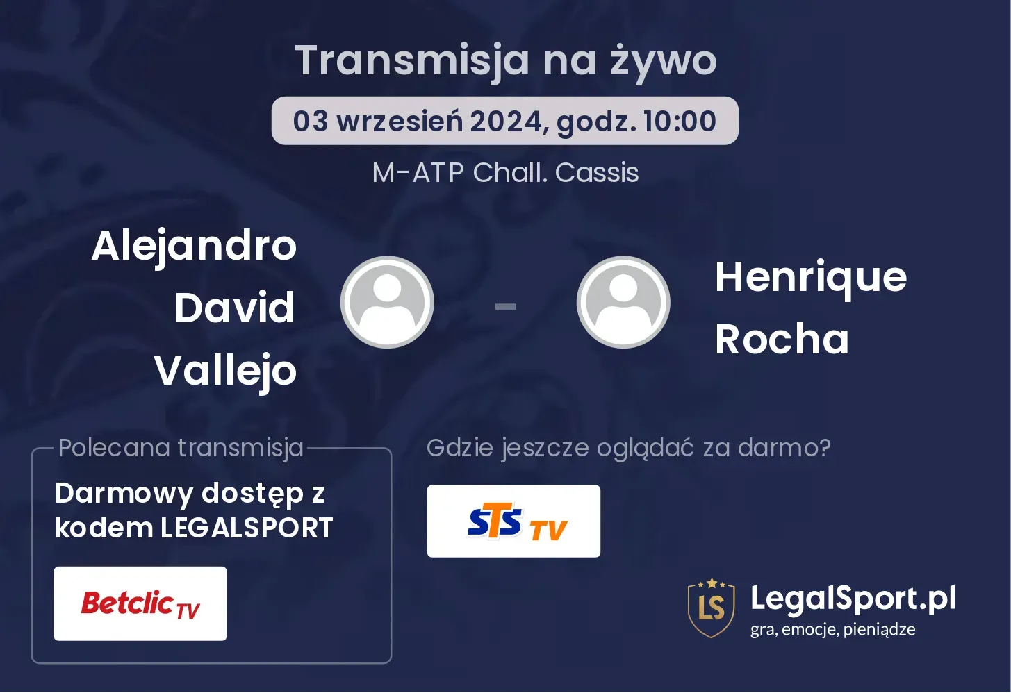 Alejandro David Vallejo - Henrique Rocha gdzie oglądać? 03.09, godz. 10:00