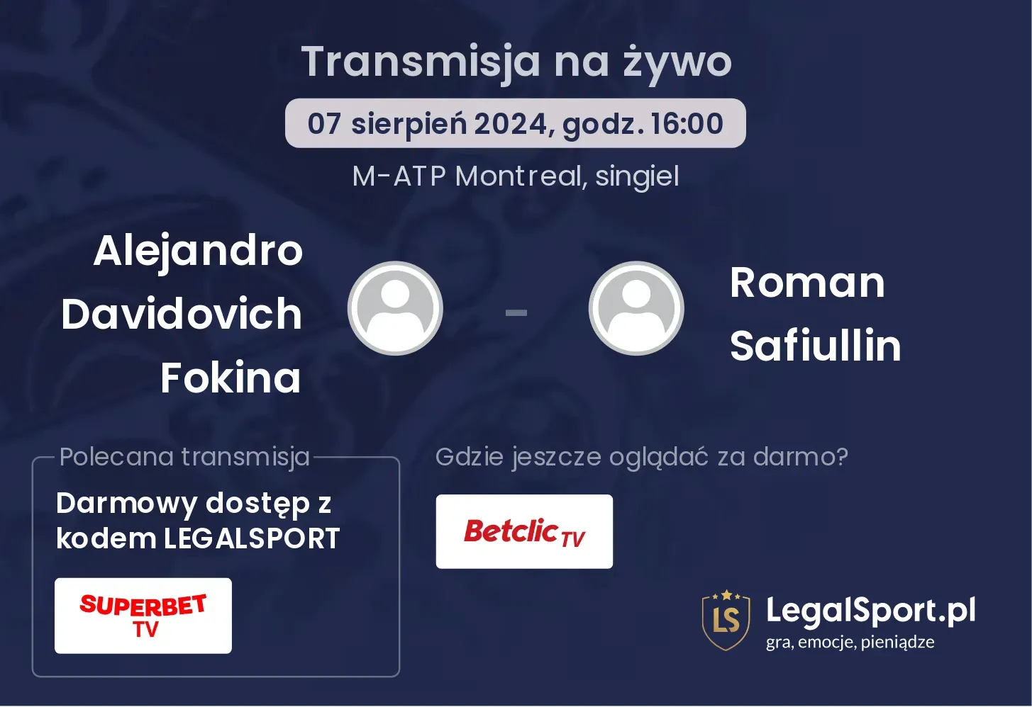 Alejandro Davidovich Fokina - Roman Safiullin gdzie oglądać za darmo? (07.08, godz. 16:00)