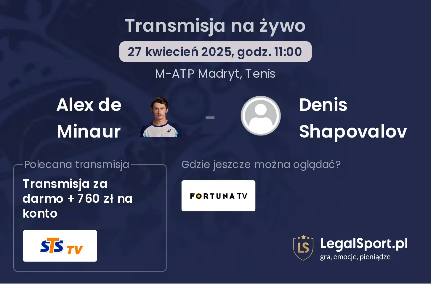 Alex de Minaur - Denis Shapovalov gdzie oglądać?