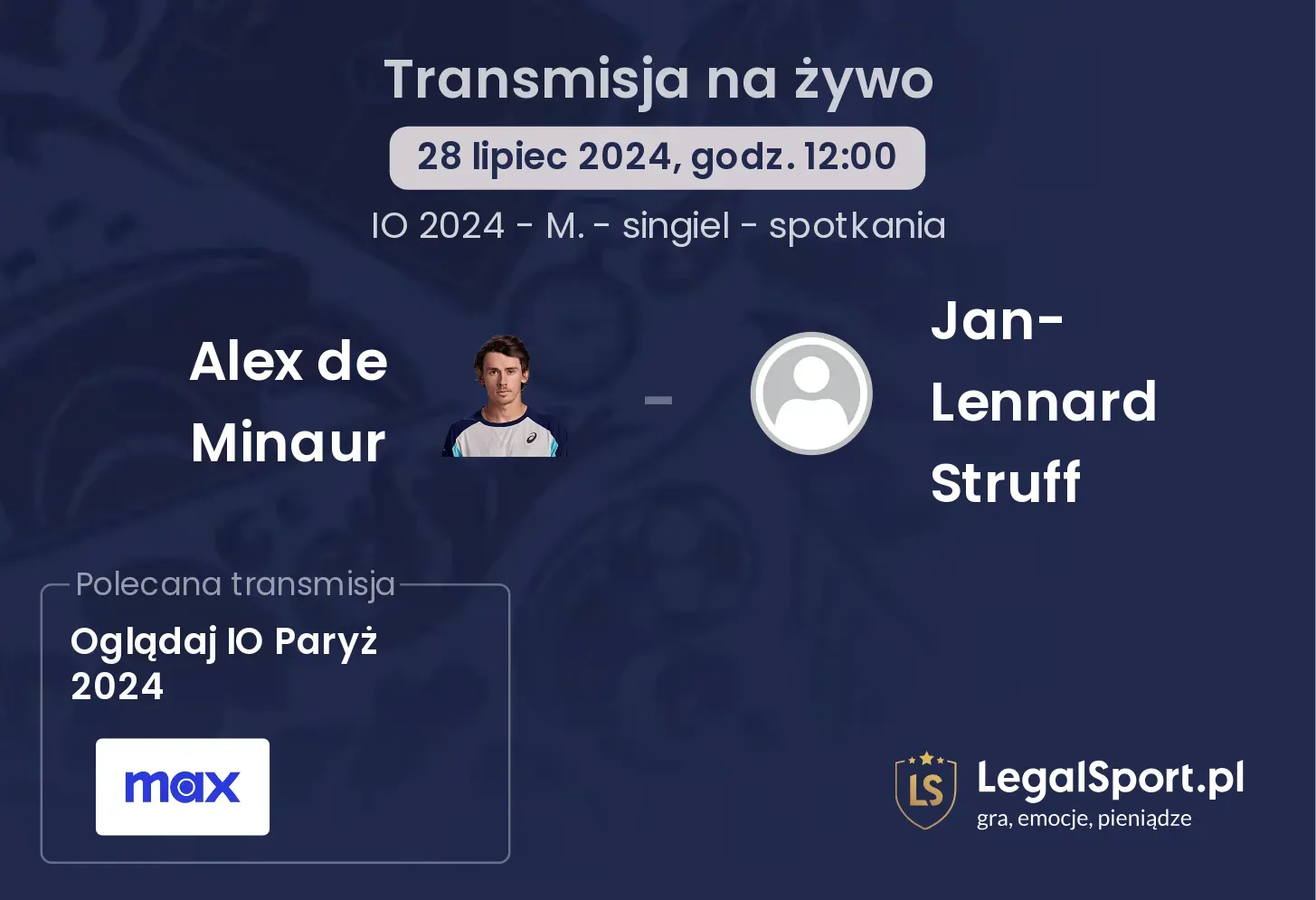 Alex de Minaur - Jan-Lennard Struff gdzie oglądać? (28.07, godz. 12:00)