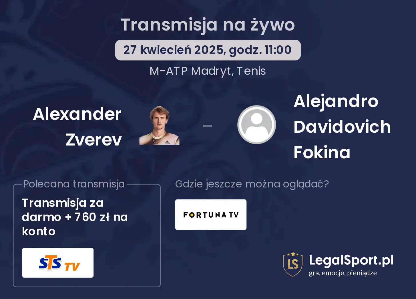 Alexander Zverev - Alejandro Davidovich Fokina gdzie oglądać?