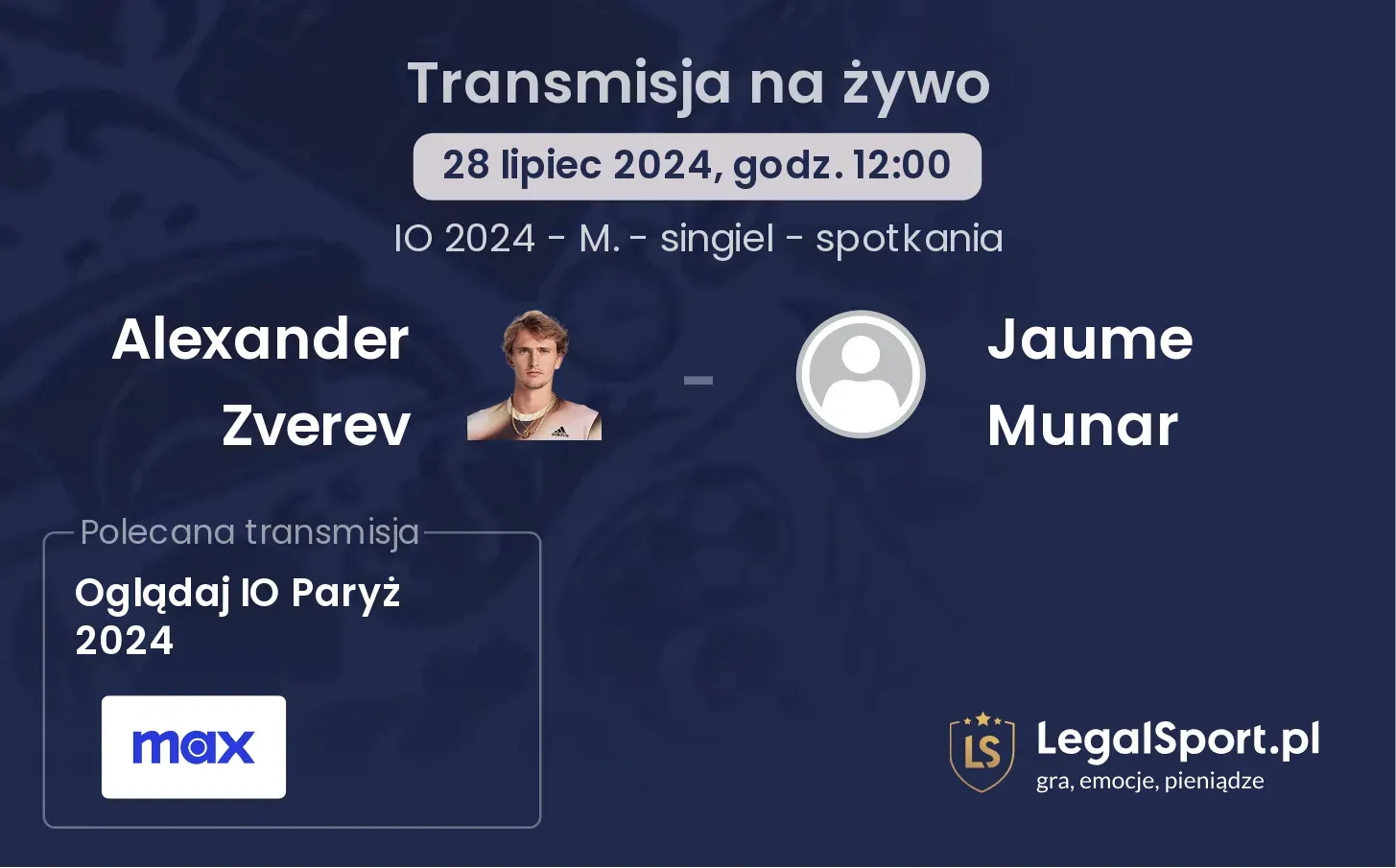 Alexander Zverev - Jaume Munar gdzie oglądać? (28.07, godz. 12:00)
