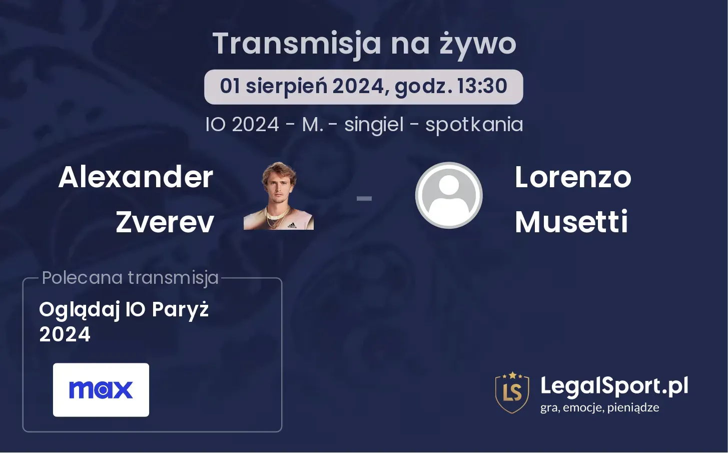 Alexander Zverev - Lorenzo Musetti gdzie oglądać? (01.08, godz. 13:30)