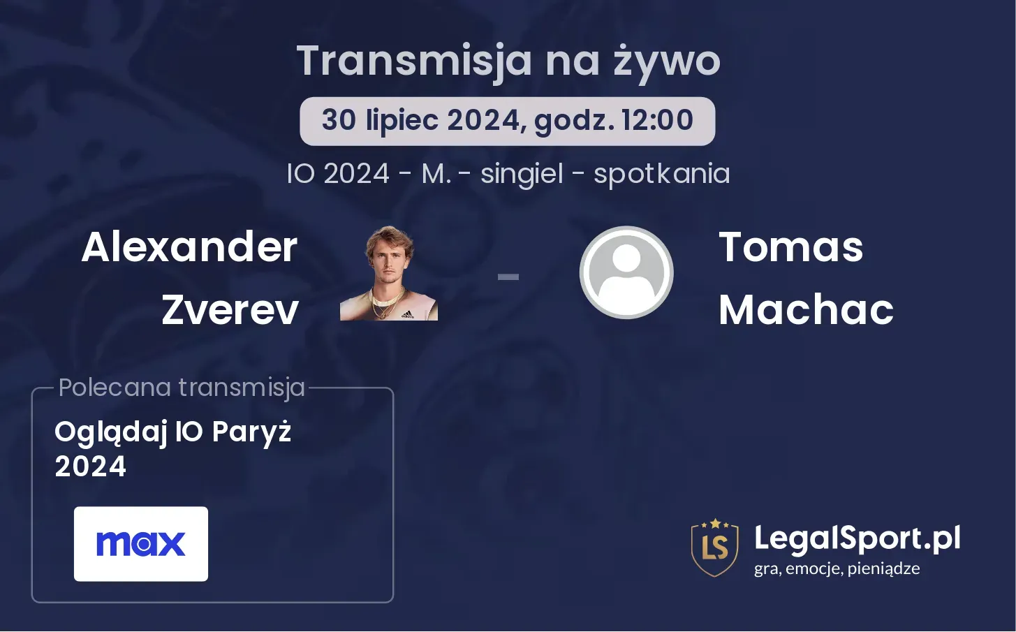 Alexander Zverev - Tomas Machac gdzie oglądać? (30.07, godz. 12:00)