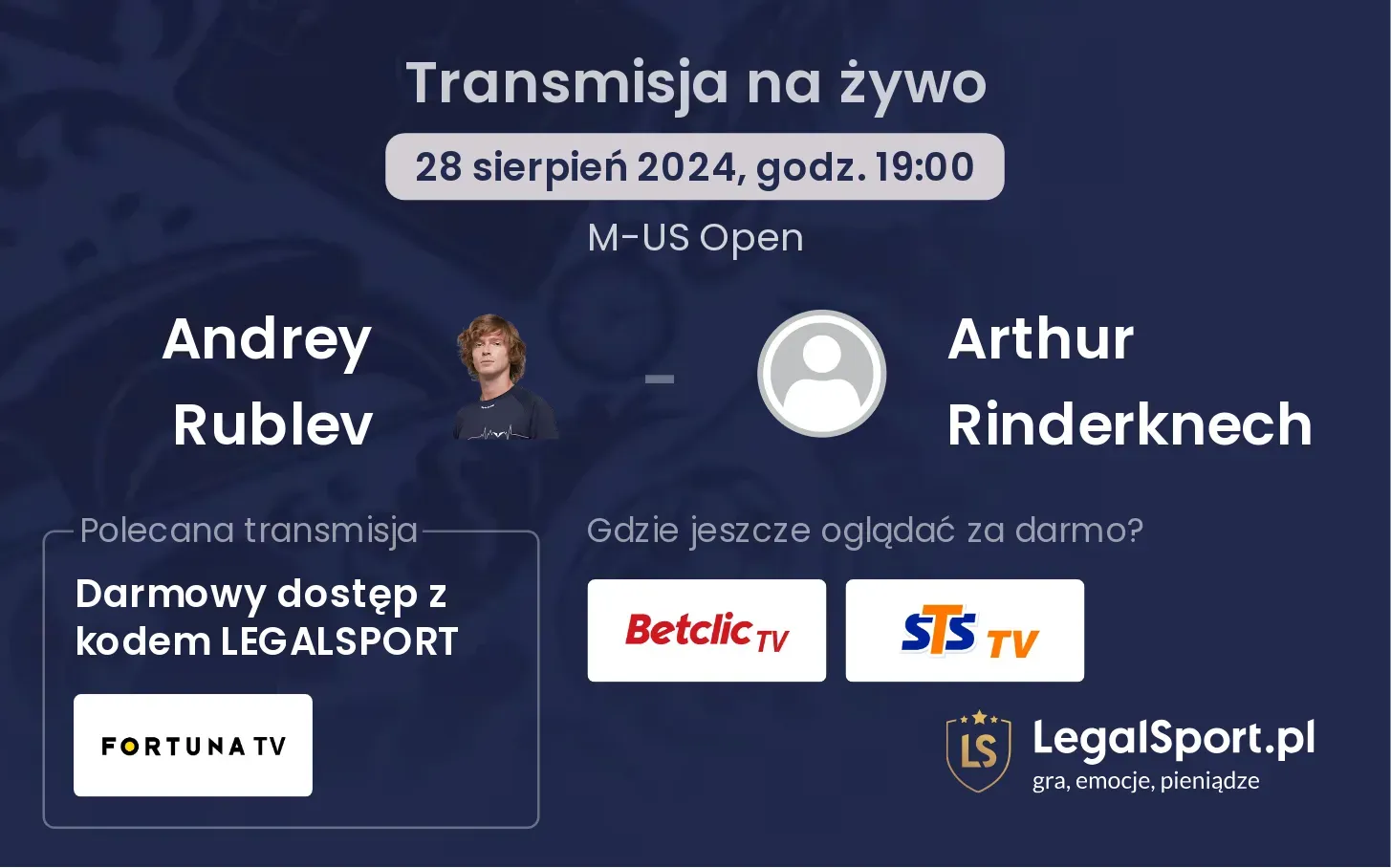 Andrey Rublev - Arthur Rinderknech gdzie oglądać? 28.08, godz. 19:00