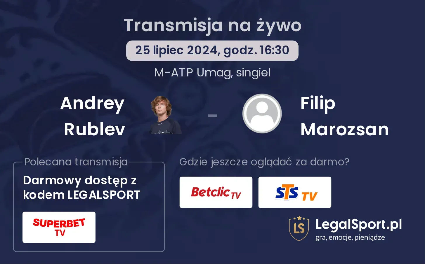 Andrey Rublev - Filip Marozsan gdzie oglądać? Transmisja online za darmo (25.07, godz. 16:30)