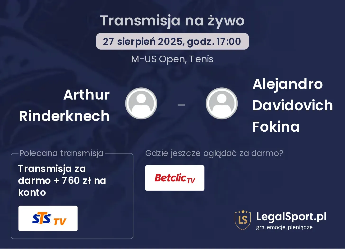 Arthur Rinderknech - Alejandro Davidovich Fokina transmisja na żywo