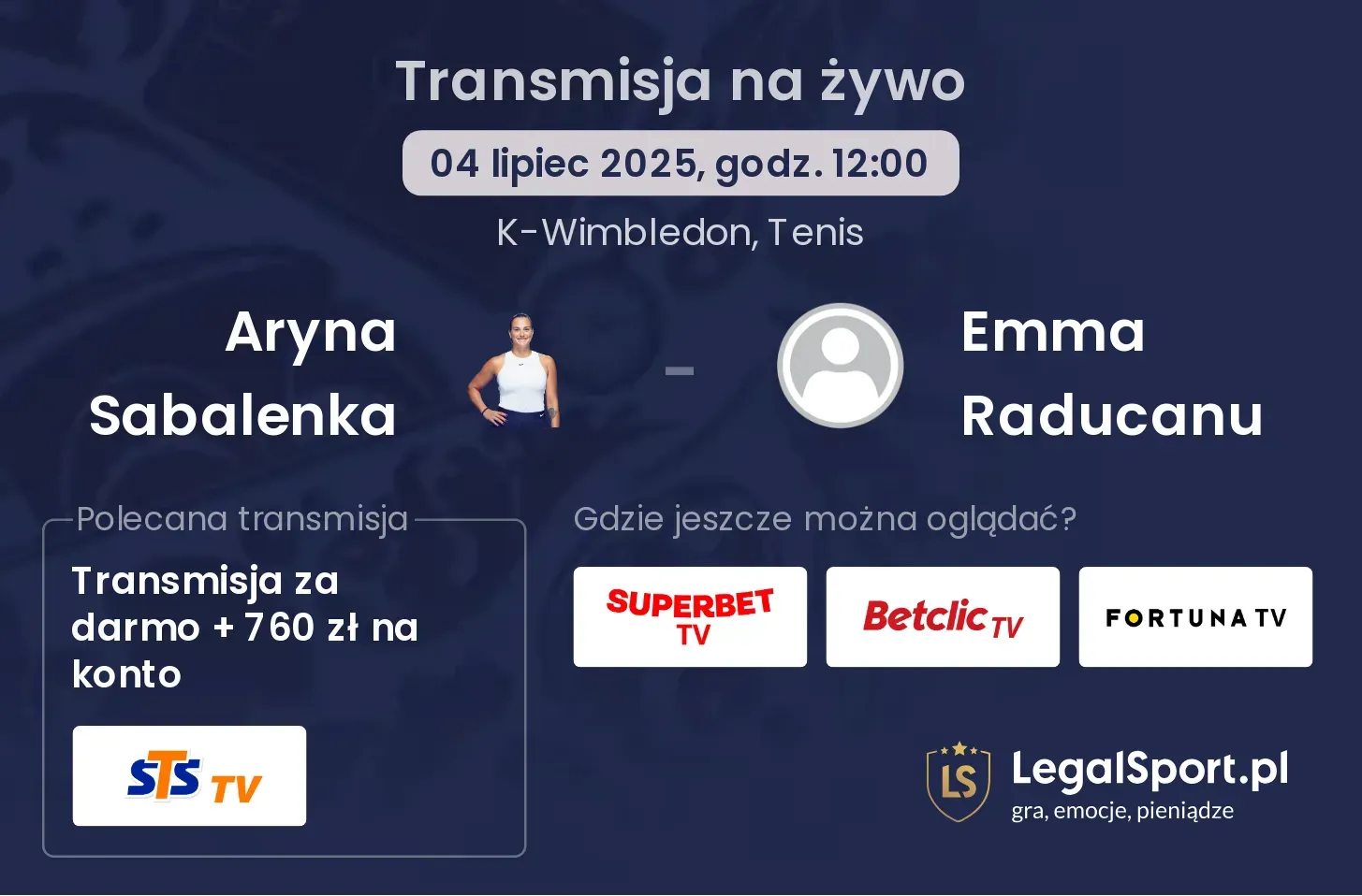 Aryna Sabalenka - Emma Raducanu transmisja na żywo