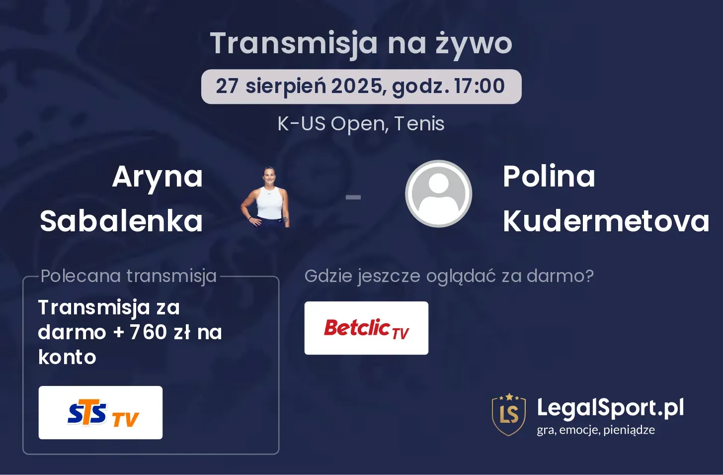 Aryna Sabalenka - Polina Kudermetova transmisja na żywo