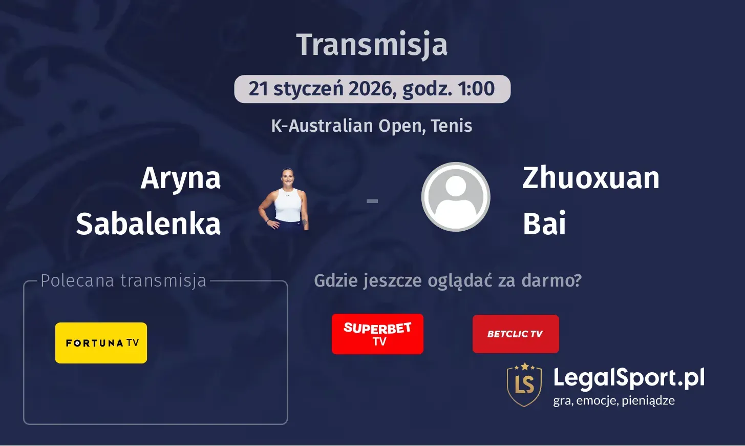 Aryna Sabalenka - Zhuoxuan Bai Transmisje