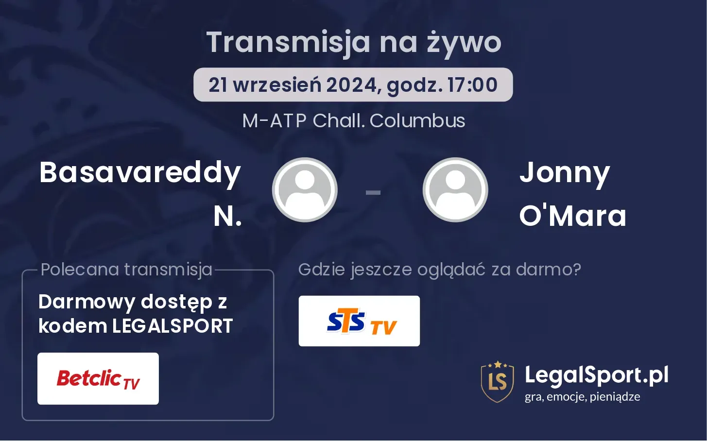 Basavareddy N. - Jonny O'Mara gdzie oglądać? 21.09, godz. 17:00