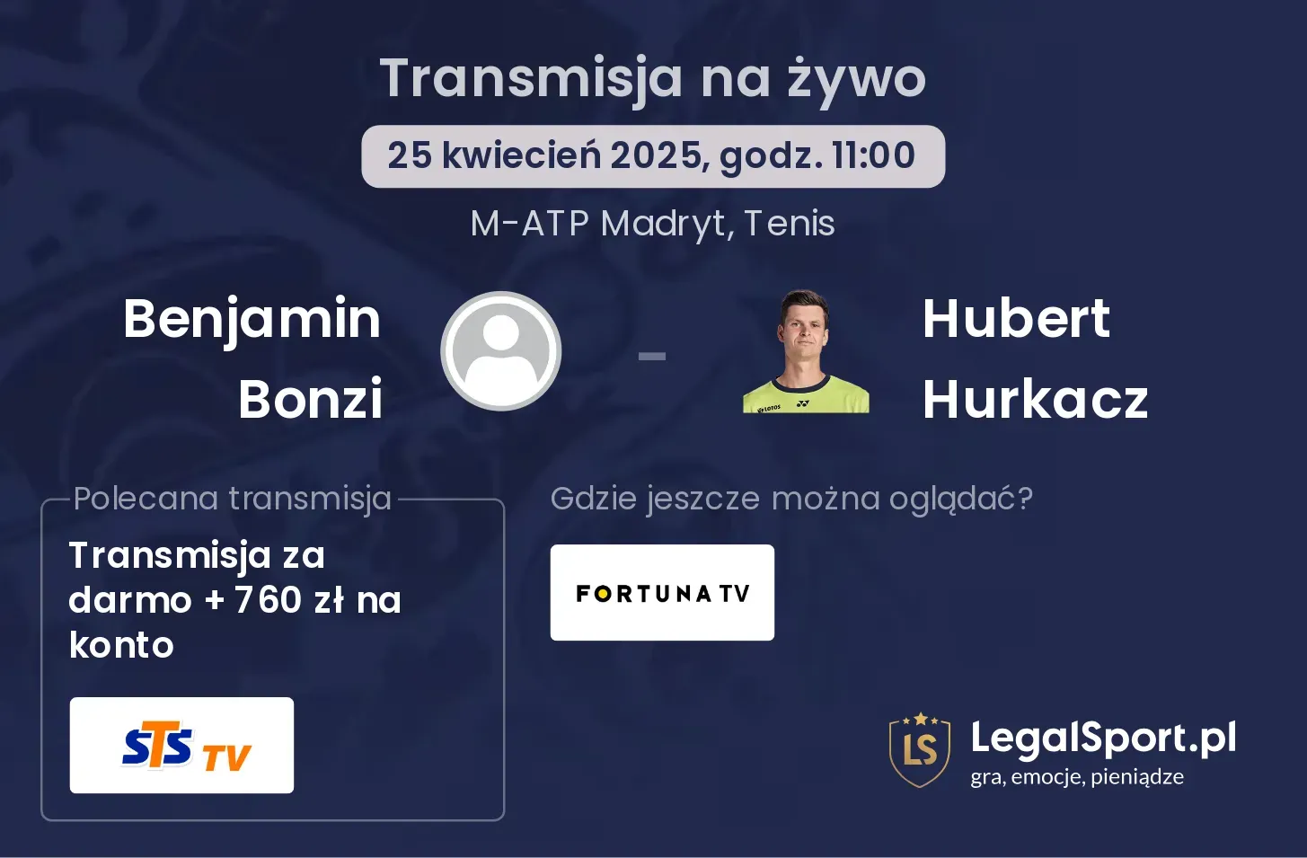 Benjamin Bonzi - Hubert Hurkacz gdzie oglądać?