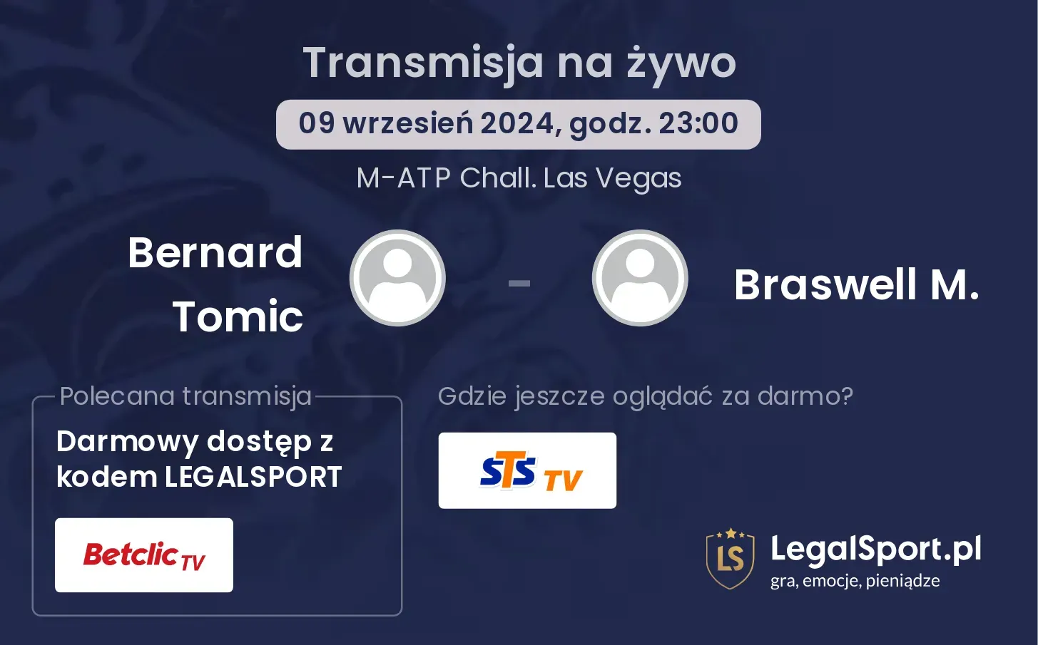 Bernard Tomic - Braswell M. gdzie oglądać? 09.09, godz. 23:00