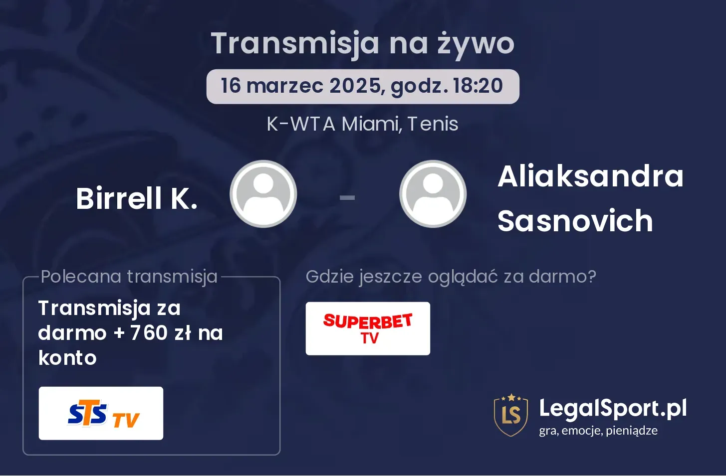 Birrell K. - Aliaksandra Sasnovich gdzie oglądać transmisję?