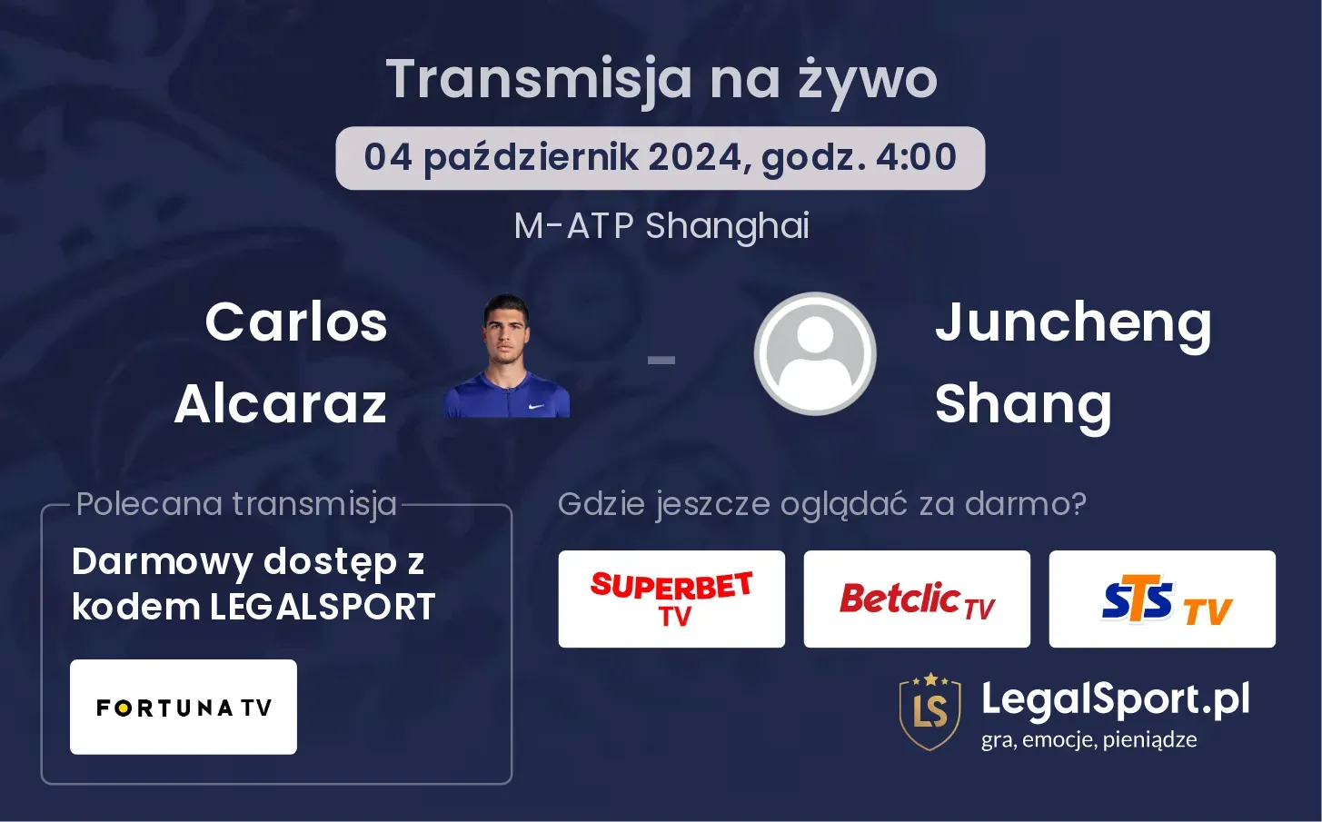 Carlos Alcaraz - Juncheng Shang gdzie oglądać? 04.10, godz. 04:00