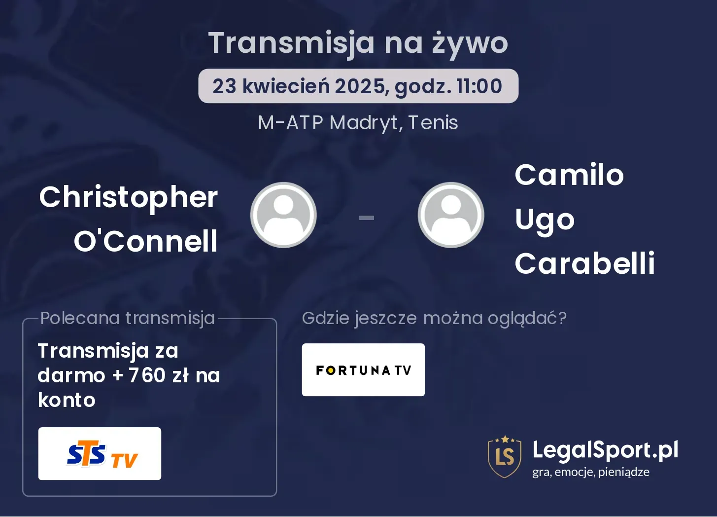 Christopher O'Connell - Camilo Ugo Carabelli gdzie oglądać transmisję?