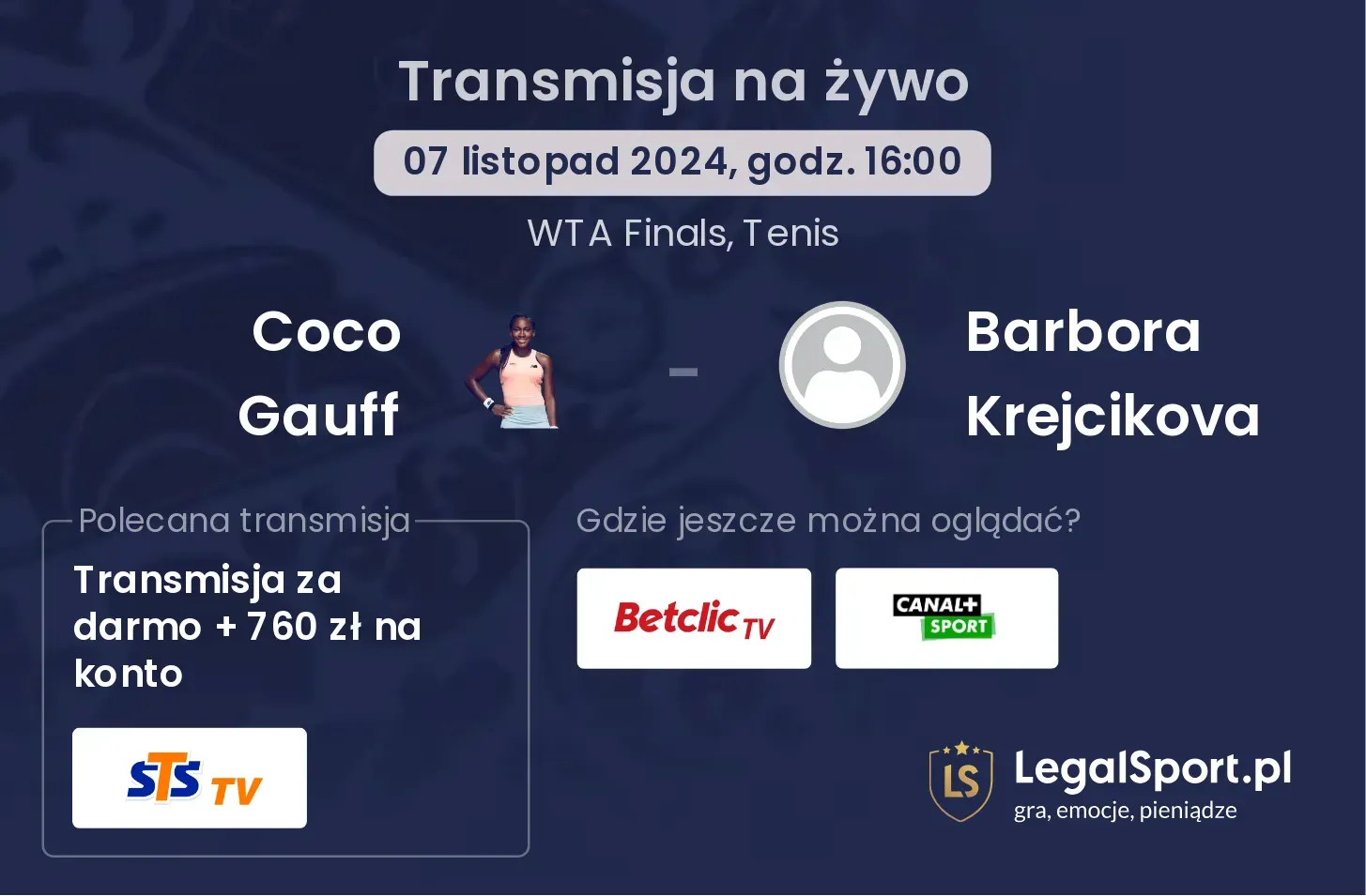 Coco Gauff - Barbora Krejcikova gdzie oglądać? 07.11, godz. 16:00