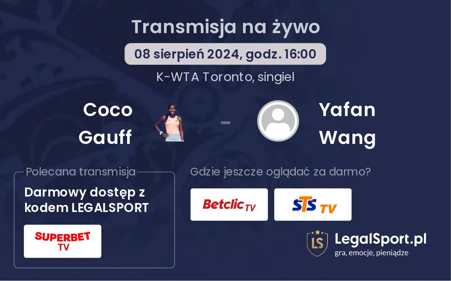 Coco Gauff - Yafan Wang gdzie oglądać za darmo? (08.08, godz. 16:00)