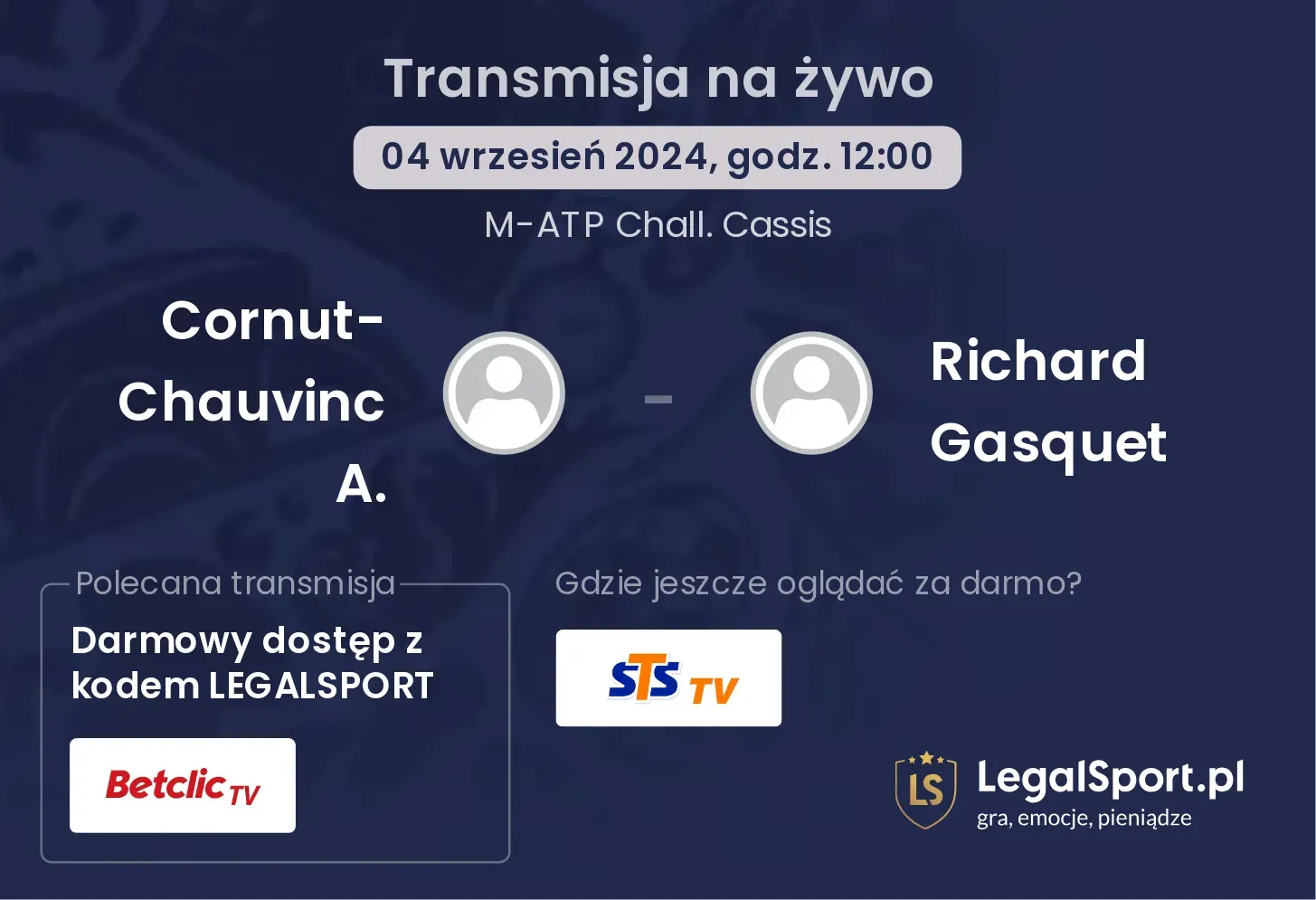 Cornut-Chauvinc A. - Richard Gasquet gdzie oglądać? 04.09, godz. 12:00