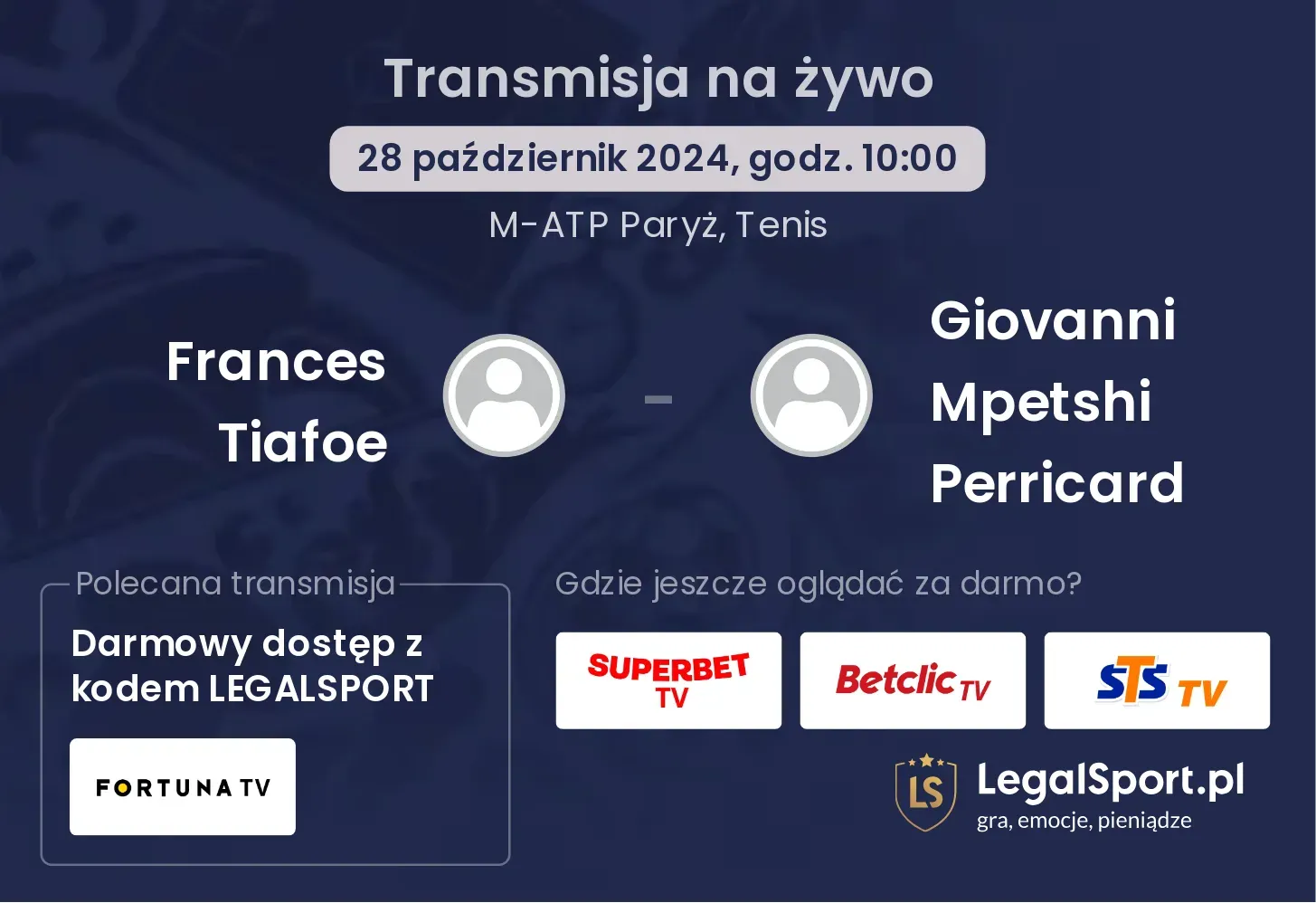 Frances Tiafoe - Giovanni Mpetshi Perricard gdzie oglądać? 28.10, godz. 10:00