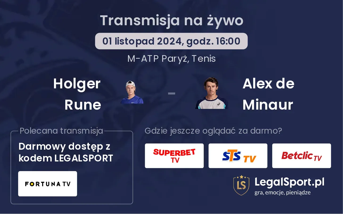 Holger Rune - Alex de Minaur gdzie oglądać? 01.11, godz. 16:00