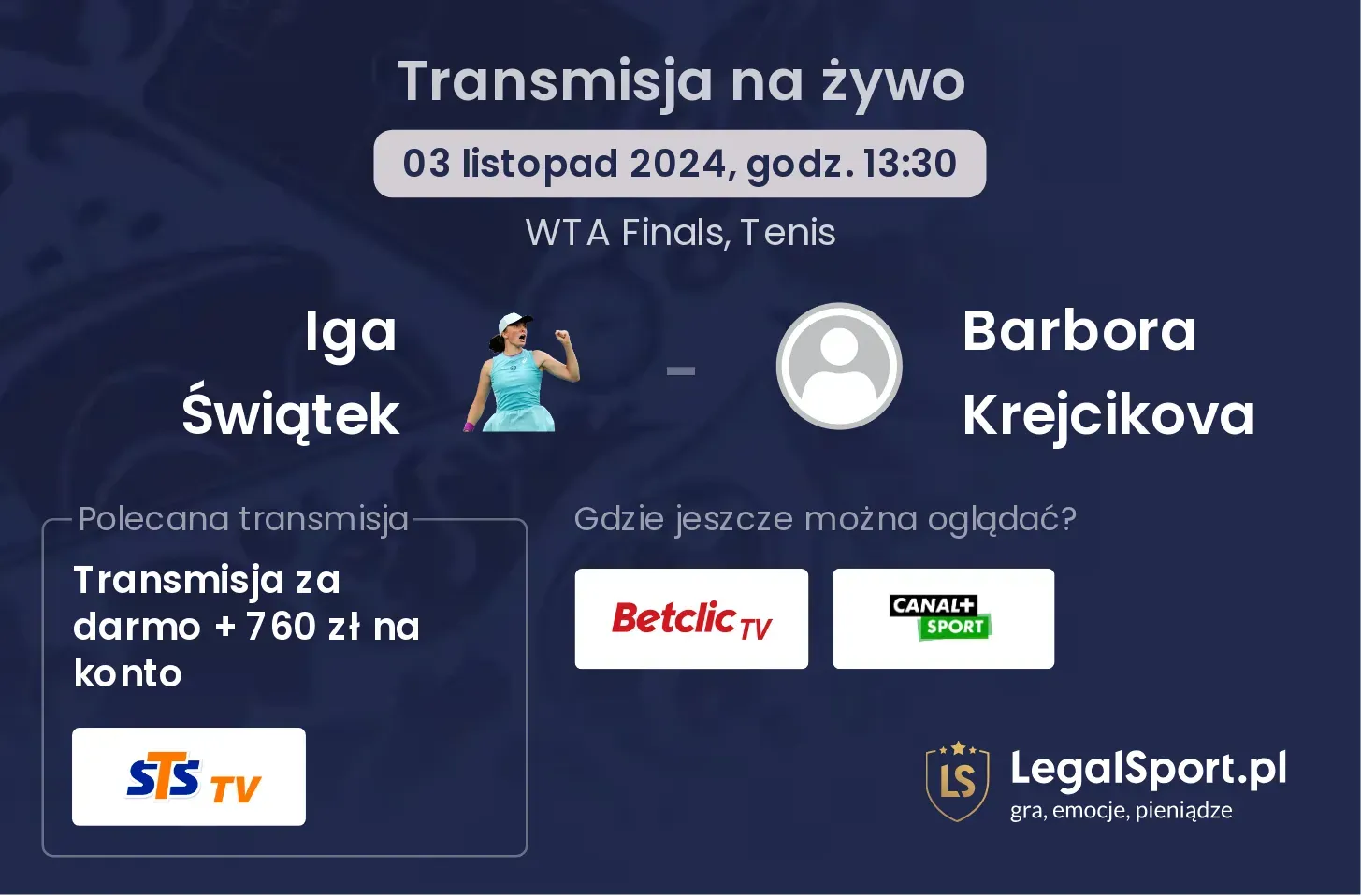 Iga Świątek - Barbora Krejcikova gdzie oglądać? 03.11, godz. 13:30